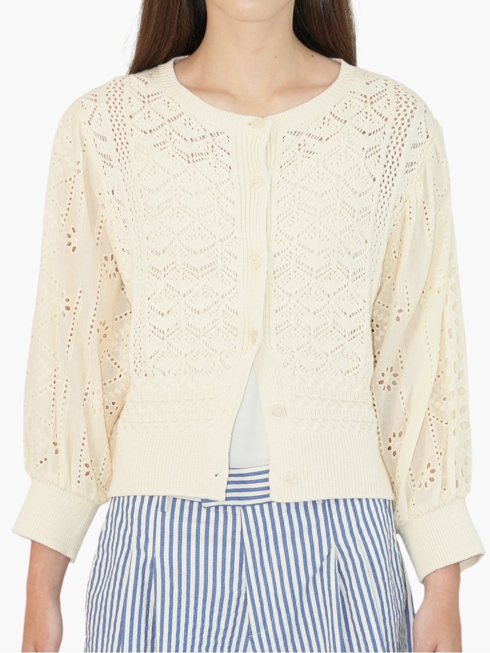 NWOT Aaron & Amber Cream Pointelle Eyelet Balloon Sleeve Button-Front Cardigan